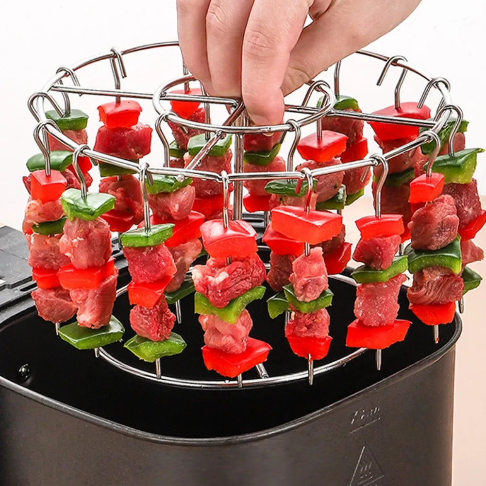 Round Stainless Steel Barbecue Skewer Rack Vertical Grill Holder with Hanging Skewers for Air Fryer BBQ Kitchen Cooking Tool