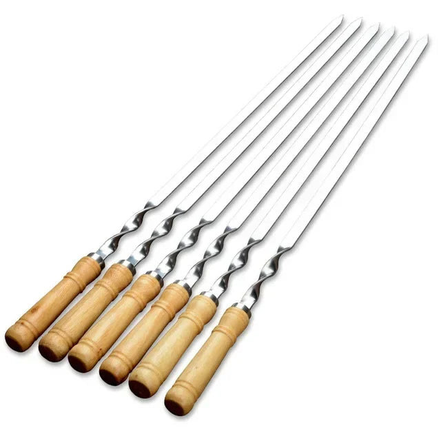 55cm BBQ Skewers Long Handle Shish Kebab Barbecue Grill Sticks Wood BBQ Fork Stainless Steel Outdoor Grill Needle Bags