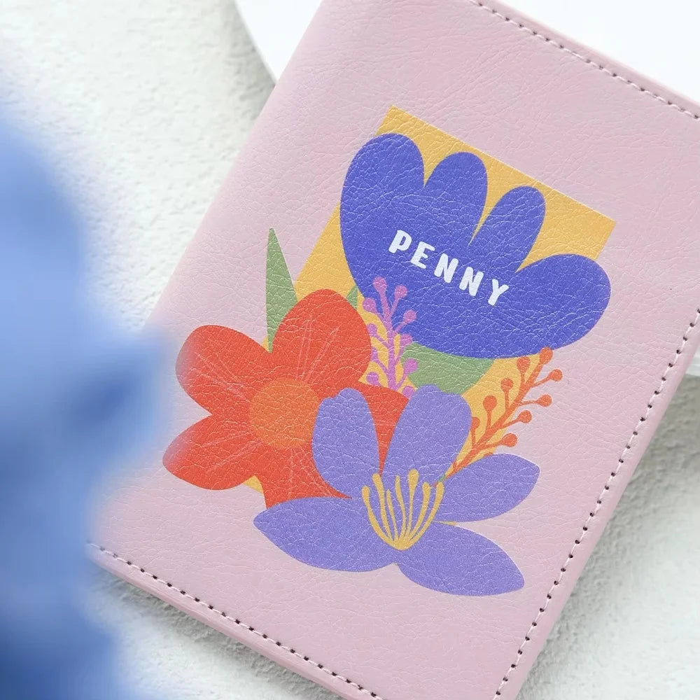 Personalized Floral Print Vegan Leather Passport Cover With Customized Name, Textured Flower Pattern Passport Holder
