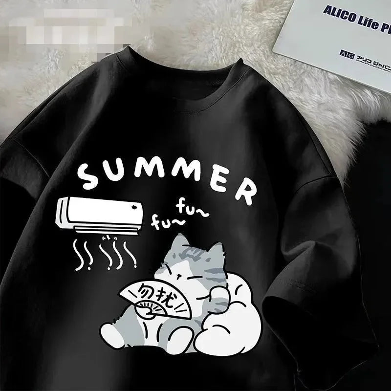 Plus Size Summer Japanese Cartoon Cute Cat Fun Print Short Sleeve T-shirt Women's Loose Casual Half Sleeve Soft Bottom Shirt Top
