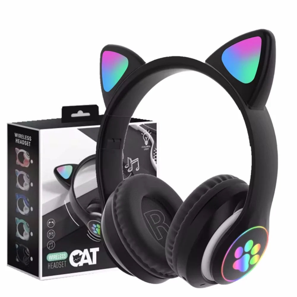 Flash Lamp Cute Cat Ears Headphone Bluetooth5.0 Stereo With Mic Support TF Card Wireless Kids Girl Earphone Birthday Gift