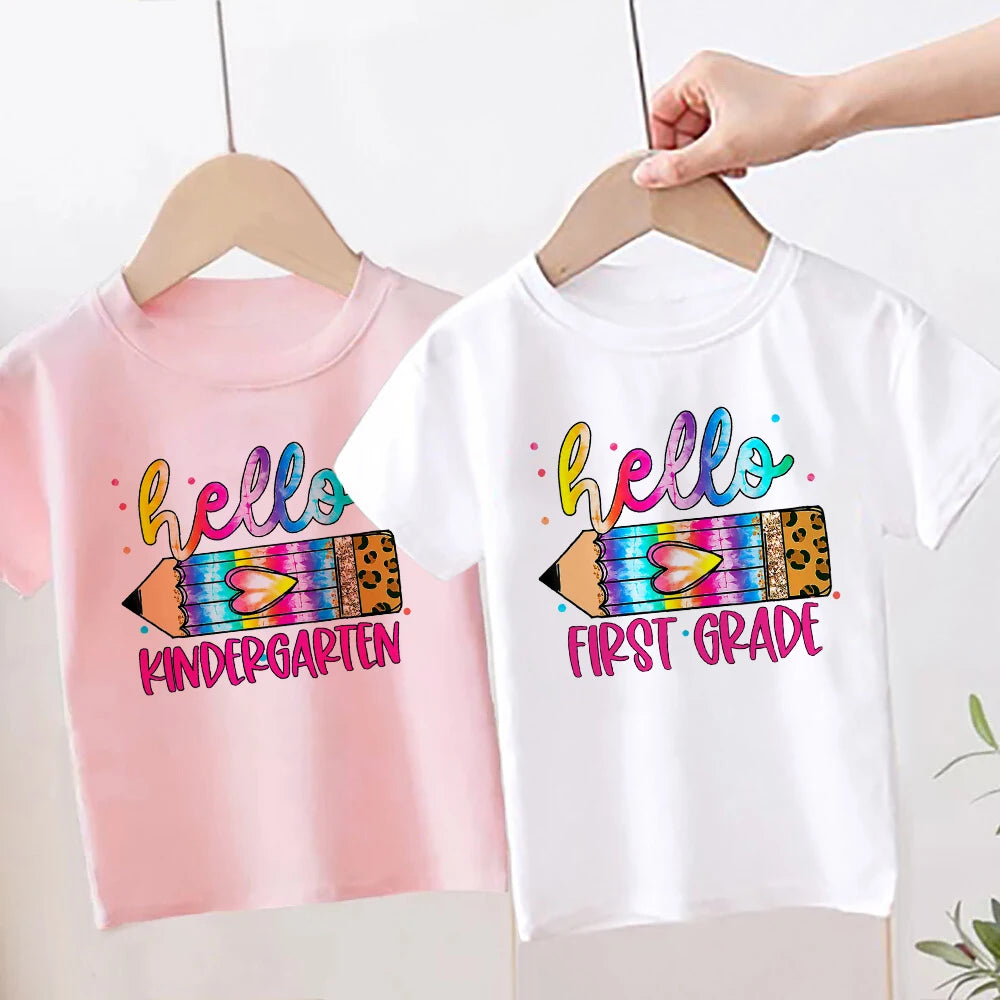 Hello First Grade Leopard Printed Kids Shirt 1-5 Grade Child Back To School Outfit  T-shirt Boys Girls Short Sleeve Tee Clothes