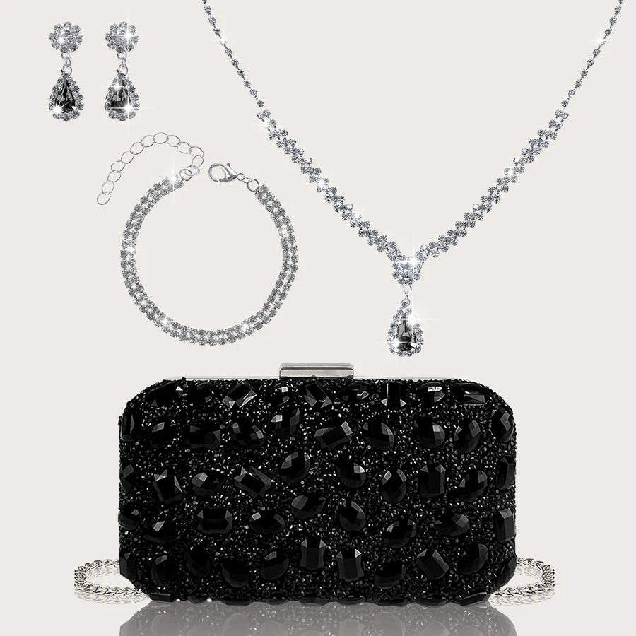 Fashionable and Luxurious, Simple Rhinestone Party Clutch and Box Bag, Exquisite and Elegant Women's Evening Bag, Paired with a Gorgeous Rhinestone Pendant Necklace, Bracelet, and Earrings Four-Piece Set, Perfect Wallet for P