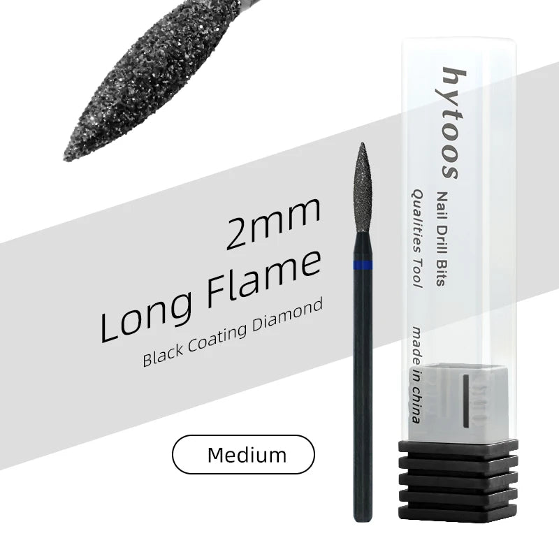 HYTOOS Long Flame Black Diamond Nail Drill Bits Pro Dead Skin Cleaner Cuticle Clean Russian Prep Tool for Manicure Technician