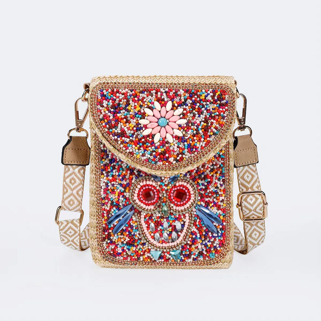 Advanced straw woven crossbody bag, new fashionable rice bead bag, European and American woven women's shoulder phone bag
