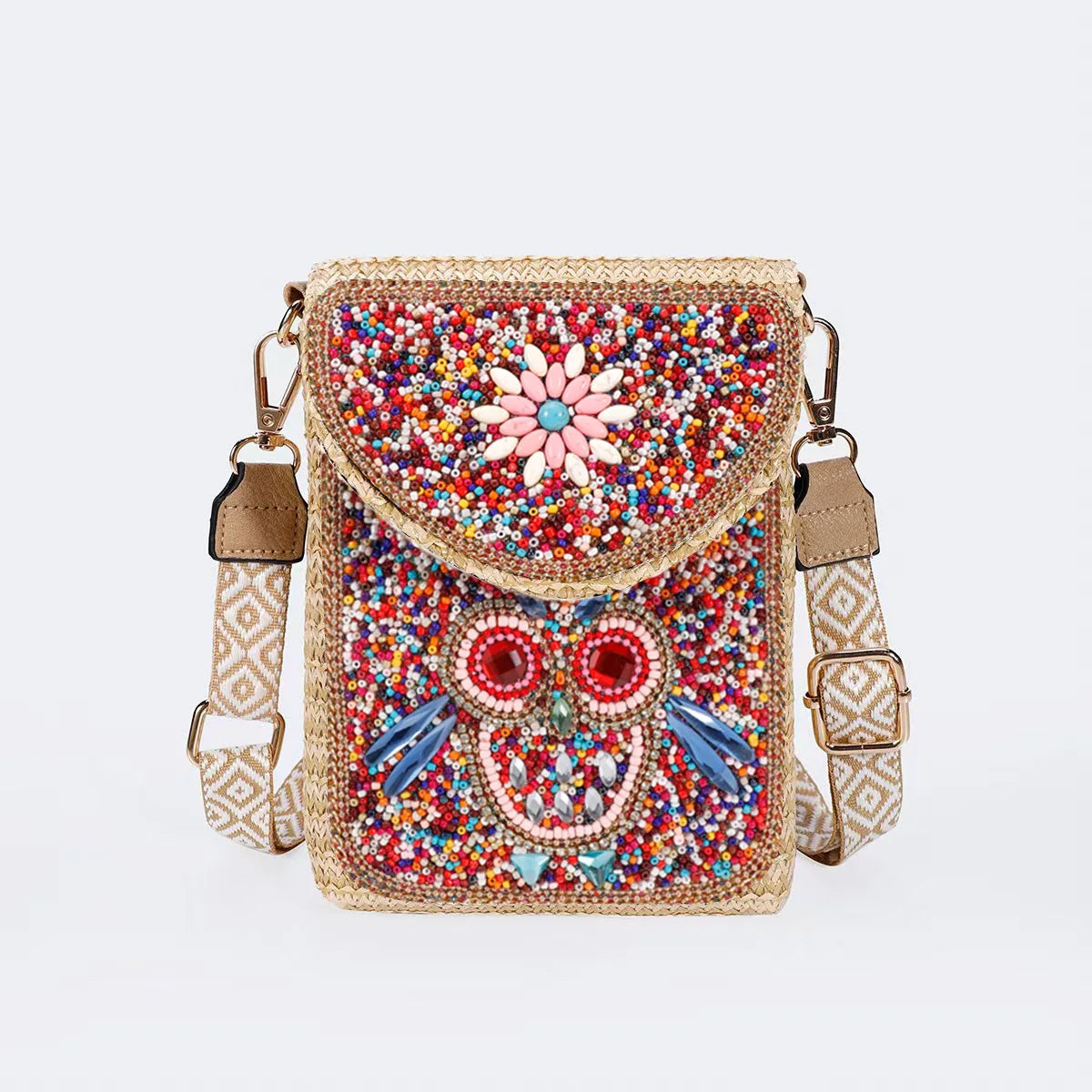 Advanced straw woven crossbody bag, new fashionable rice bead bag, European and American woven women's shoulder phone bag