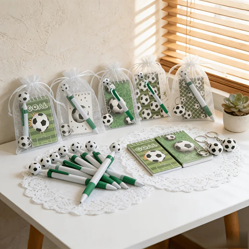 Soccer Theme Stationery Gift Pack of 10, Pocket Notebooks, Soccer Keychains, Soccer Pens, Gift Bags, Party Favors, School Gifts.
