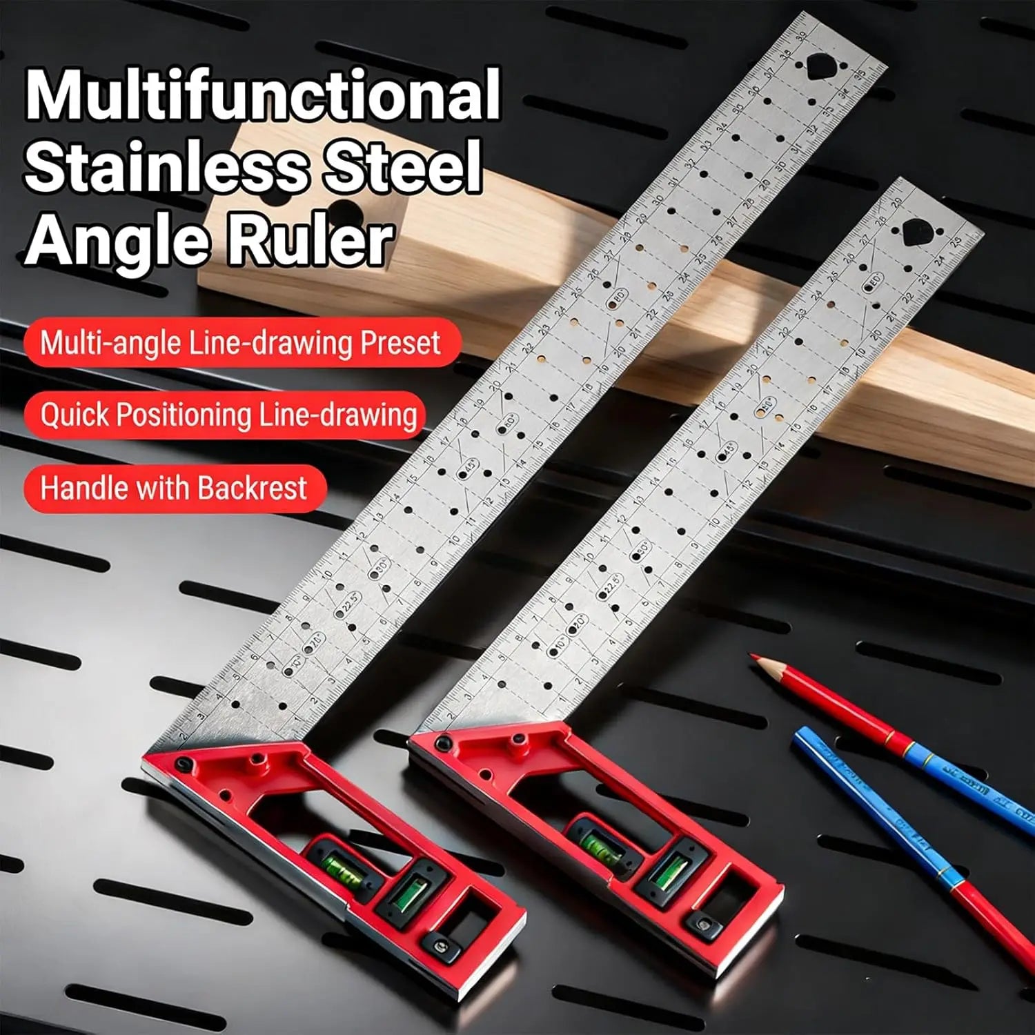 Professional Measuring Instrument with Dual Axis Level Bubble and Multiple Angled Hole Designs for Carpentry Projects