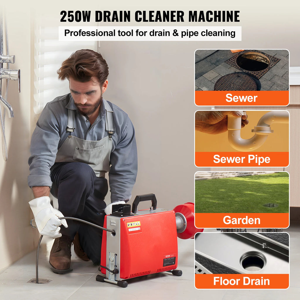 SucceBuy Drain Cleaner Machine 250W Electric Sewer Snake Auger Manual Feed with 7 Cutters 2 Steel Cables CW/CCW Control for Home