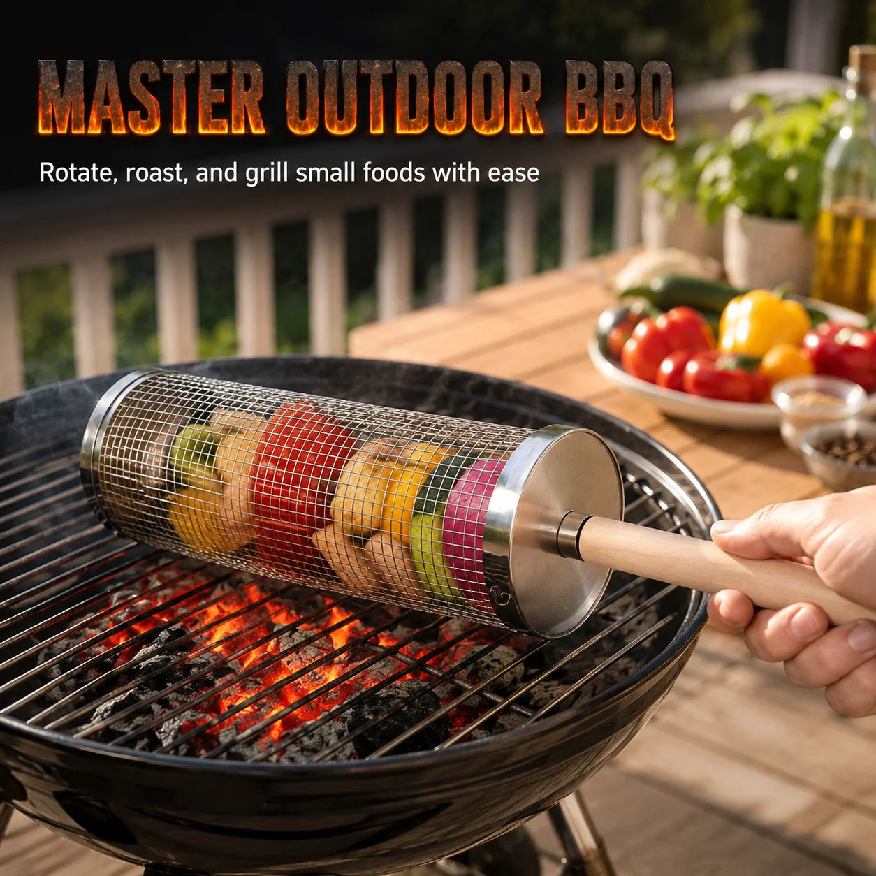 Uwhise Rolling BBQ Grill Basket Stainless Steel Cylinder Grill Tube For Outdoor Camping Veggie Meat Mesh Tools Detachable Handle