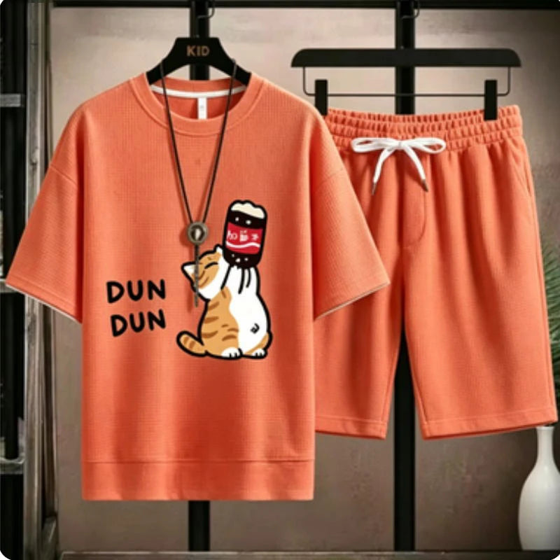 Cute cartoon cat funny print pattern loose short-sleeved set for men - casual waffle-style sports outfit