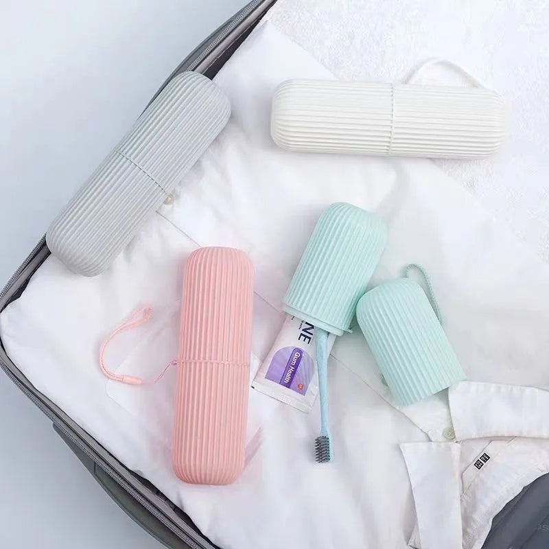 Portable Travel Toothbrush Box Vertical Striped Mouthwash Cup Toothpaste Tube Organizer Toothware Storage Case for Bathroom & Ou