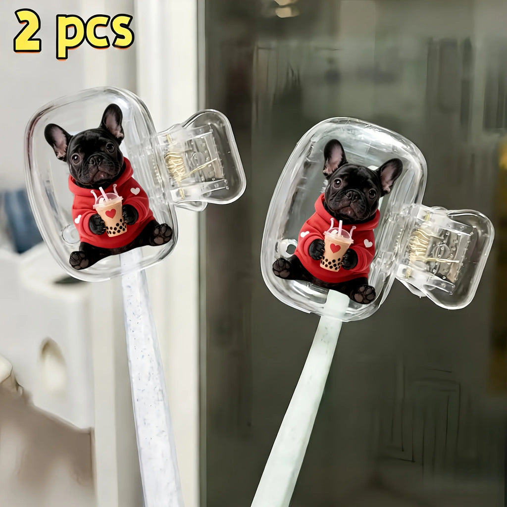 2pcs French Bulldog Portable Dustproof Odorless Toothbrush Case Ventilation Holes to Keep The Brush Heads Clean And Dry Gift