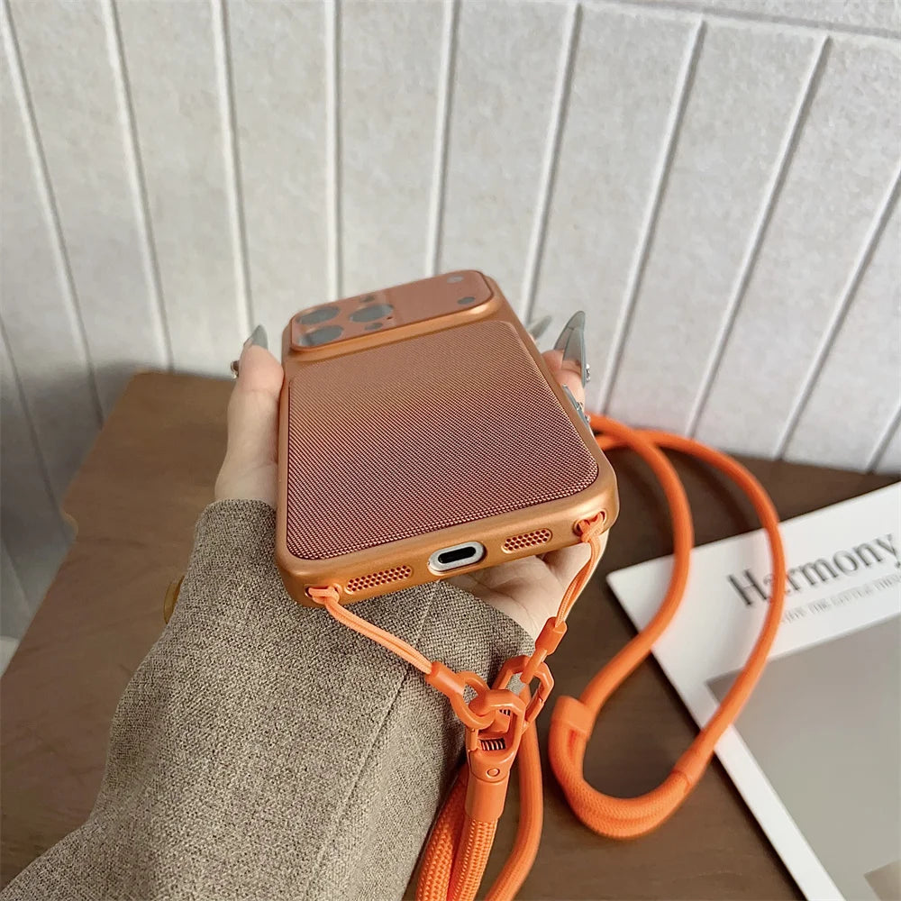 Crossbody Lanyard Knitted Pattern Phone Case For iPhone 17 17Pro 16 15 14 13 12 11 Pro Max Metallic Color Frame Original Cover
