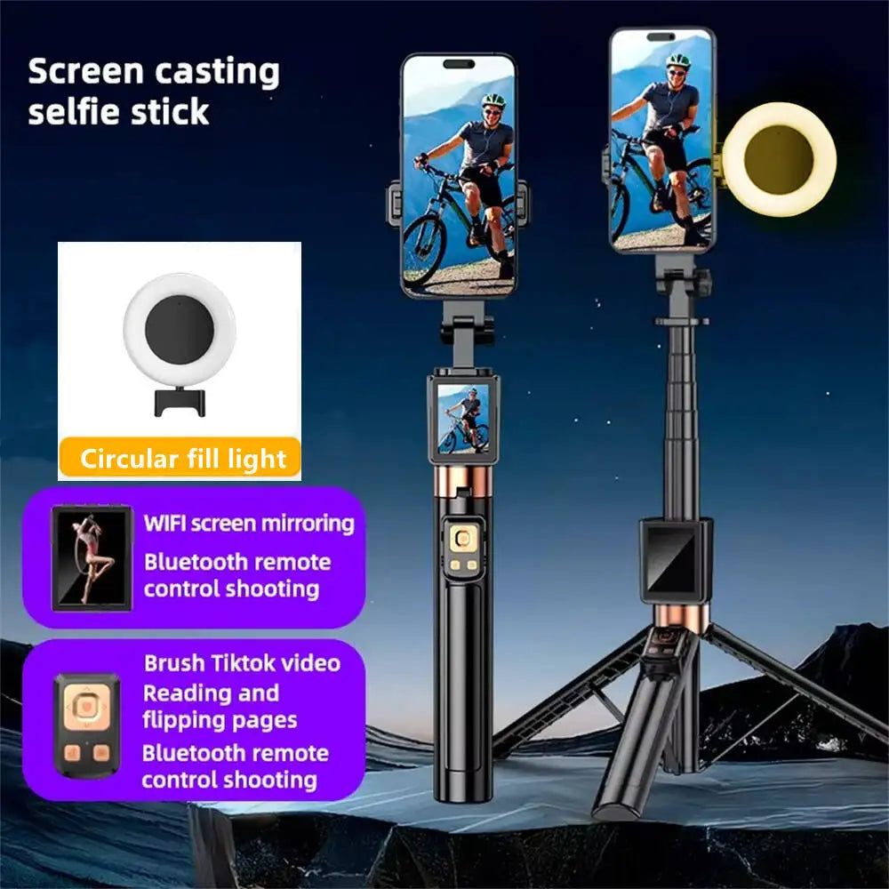 1.7m New 5 in 1 Projection Rear Camera Selfie Stick with Selfie Monitor Screen Brush  Bluetooth Remote Control Scrolling
