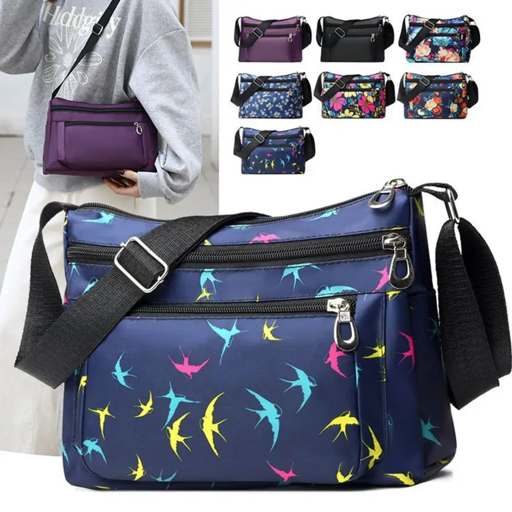 Fashion Nylon Women Shoulder Bag Floral Printed Large Capacity Messenger Bag Waterproof Multi-layer Pocket Handbag Mom