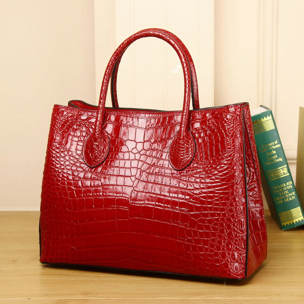 2026 New Crocodile Belly Pattern Women's Bag Large Capacity First Layer Cowhide Handbag Shoulder Crossbody Ladies Bag