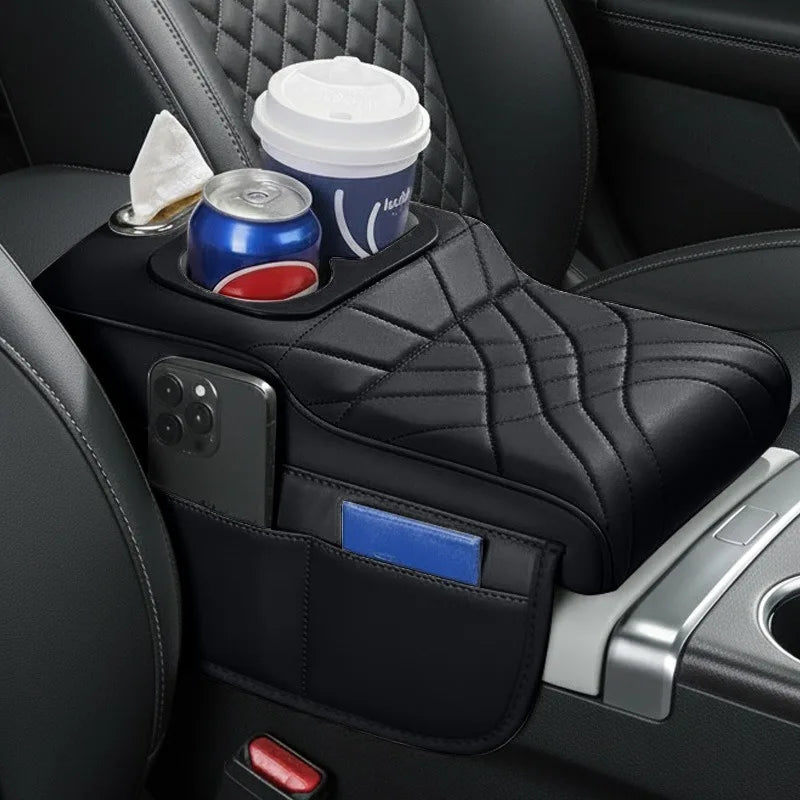 High-Low Style Car Armrest Box Cushion-An Armrest Cover with 2Side Pockets,2Cup Holders and 1 Tissue Box.Suitable for Most Cars
