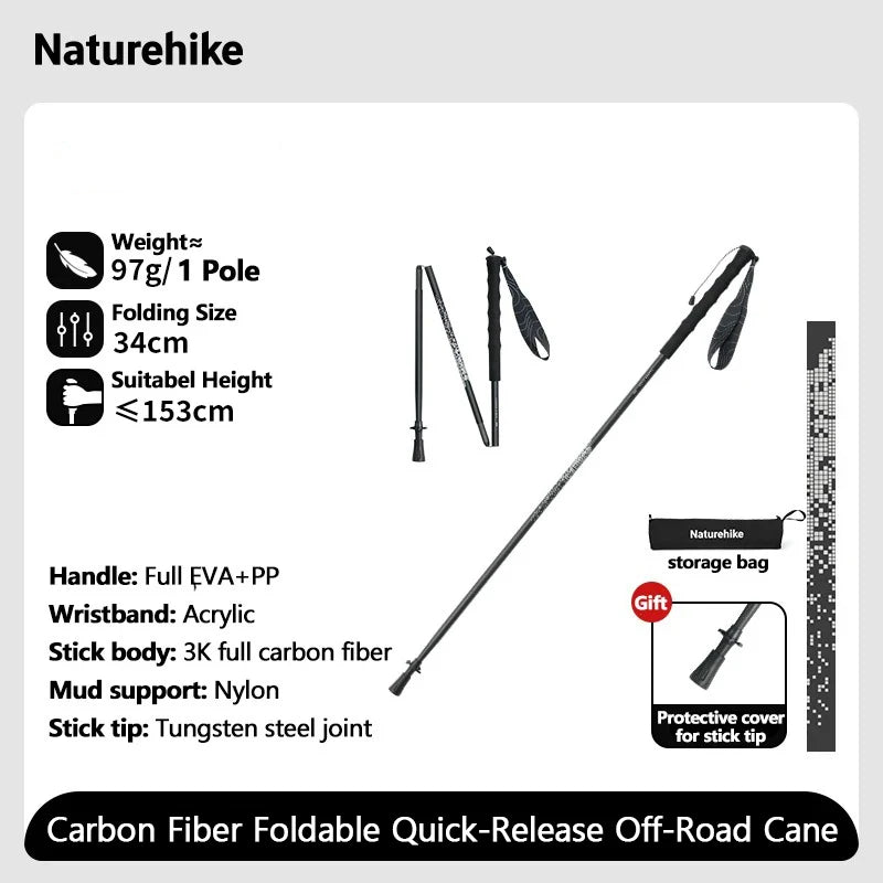 Naturehike 2026 New Carbon Fiber Hiking Poles Ultralight 97g Folding Backpack Trekking Sticks Thicken Travel Camping Poles
