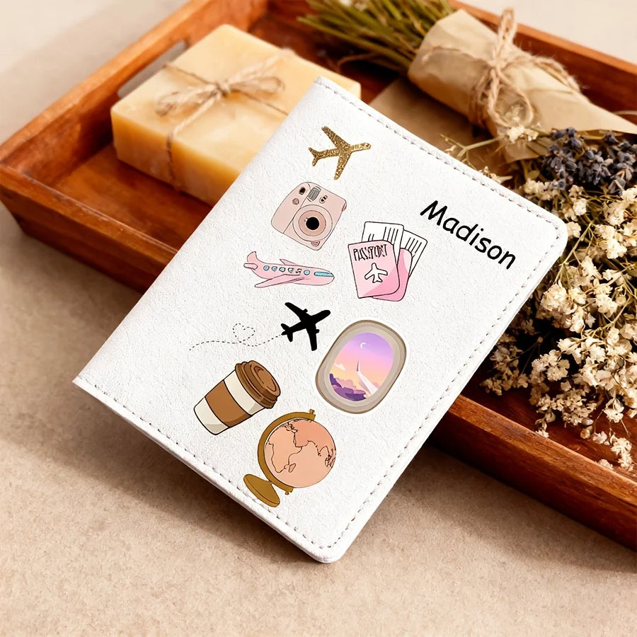 Personalized Name Text Custom PU Passport Holder, Cartoon Pattern Designed Passport Case, Faux Leather Scratch-Resistant