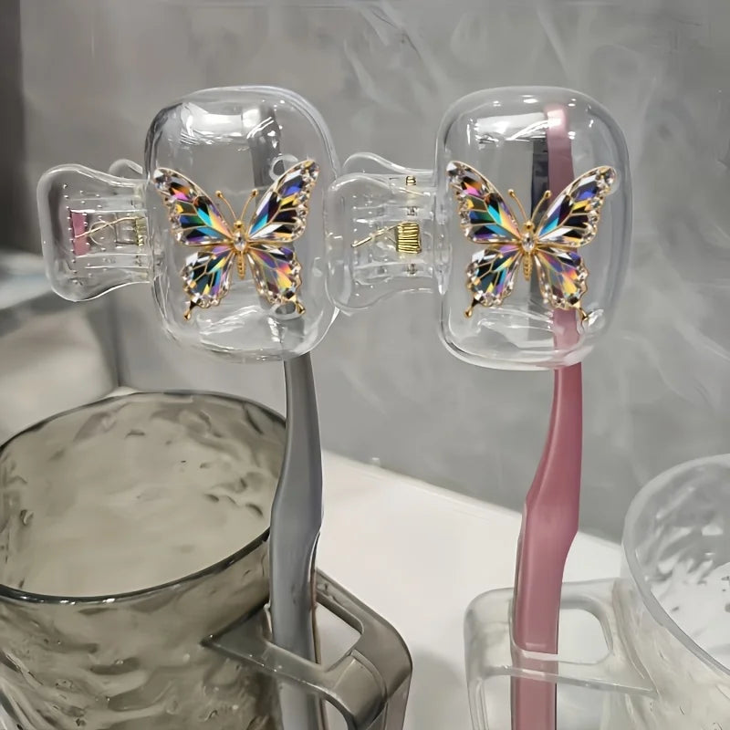 2pcs Beautiful Colorful Butterfly Portable Dustproof Odorless Toothbrush Case for Travel Ventilation Holes to Keep Clean and Dry
