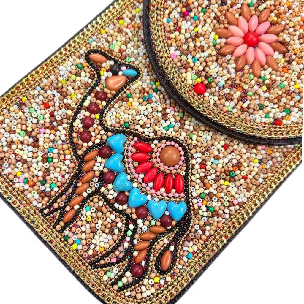 Beaded Elephant Crossbody Phone Bag for Women Sequin Embroidered Mini Shoulder Pouch Boho Festival Purse