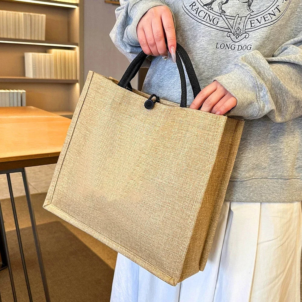 Flax Bag Fastener Handbag Organizer Storage Jute Tote Bags Imitation Cotton Women Valise Portable Floral Letter Printing Series