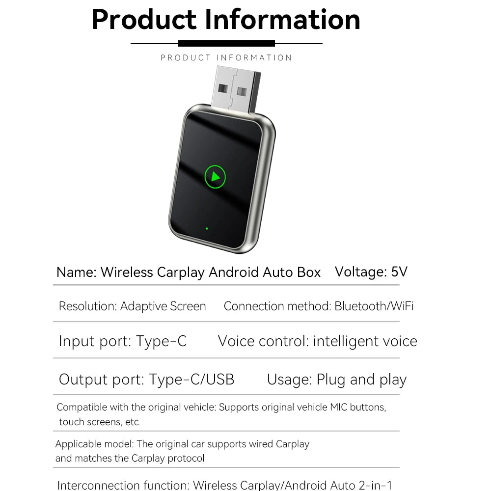 VR Robot 2 IN 1 Car Android Auto Dongle Plug&Play Wiress Carplay Adapter WIFI Bluetooth 5.0 Fast Connection Smart AI Box