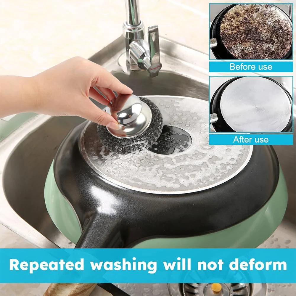 6-1Pcs Kitchen Stainless Steel Washing Brush Metal Sponge Scrubber With Handle For Dishes Pots Pans Grills Sink Cleaning Tools