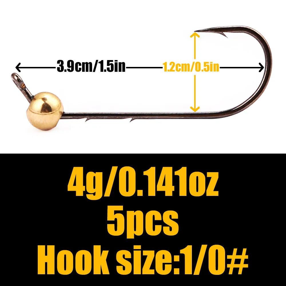 B&U 5pcs Micro Jig Head Fishing Hooks Set 0.5g-4g Copper Head Mini Crank Jig Fishhook for Soft Worm Lure Fishing Accessories