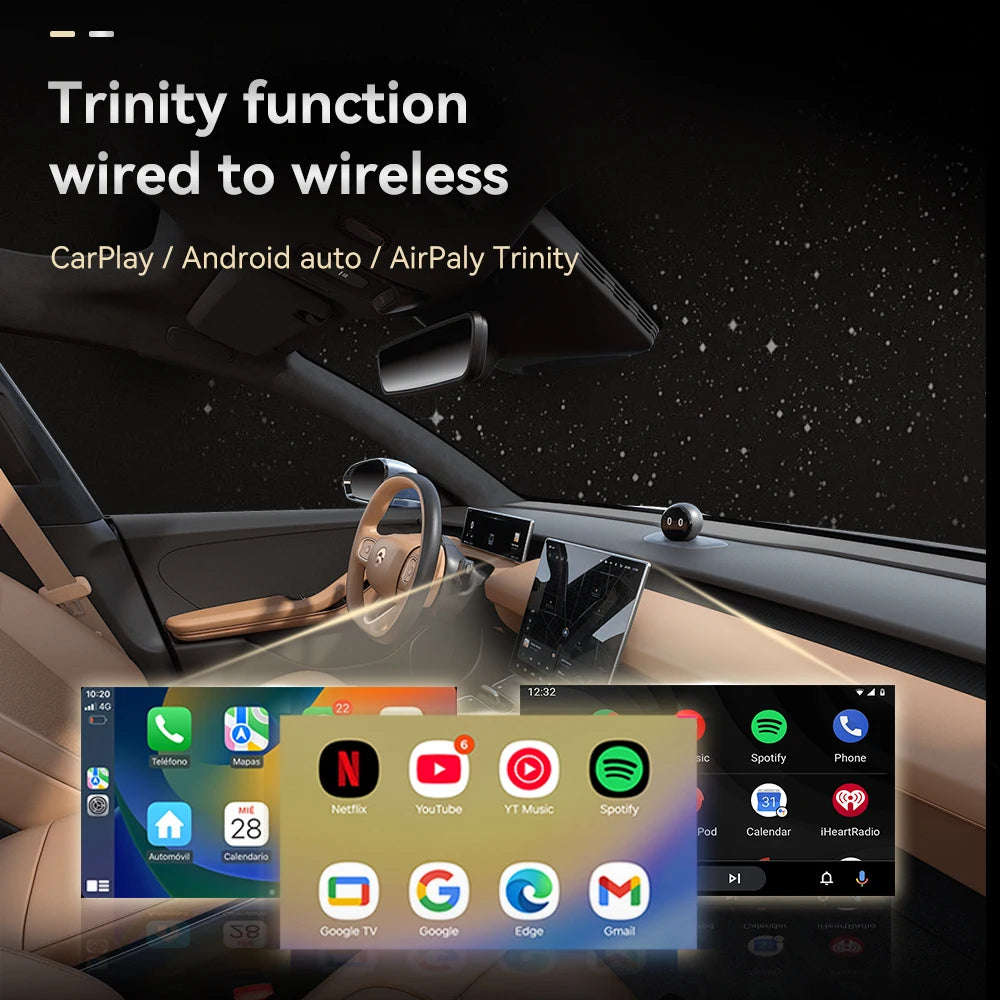 The latest upgraded 3-in-1 wireless CarPlay adapter with colorful breathing light, plug and play wired to wireless converter, compatible with IOS CarPlay and Android Auto, supports 2.4/5GHz WiFi and wireless 5.0, wireless Air