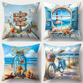 4-piece Beach Style Theme Throw Pillow Cover Set, featuring starfish, seashell, and beach bike patterns, insert not included