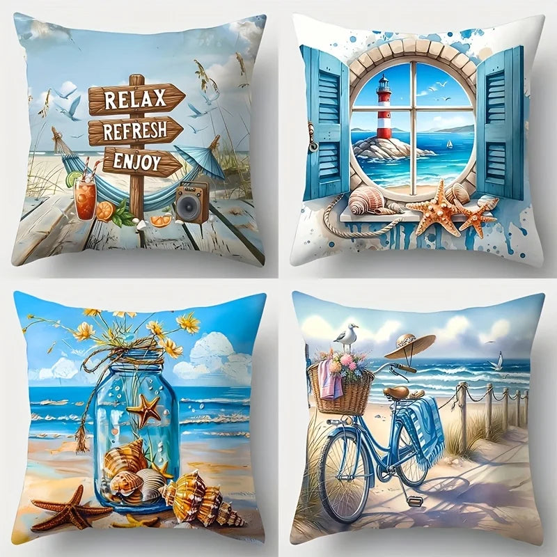 4-piece Beach Style Theme Throw Pillow Cover Set, featuring starfish, seashell, and beach bike patterns, insert not included