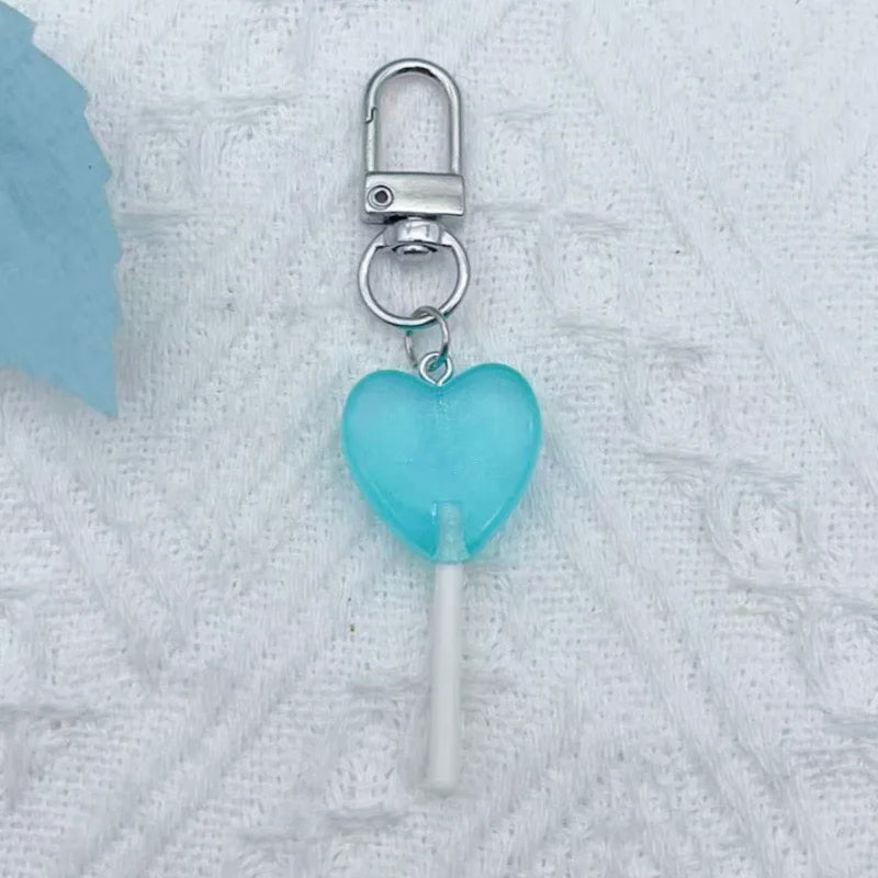 9pcs Sweet simulation color translucent resin heart-shaped lollipop keychain candy pendant bag accessories for daily girls