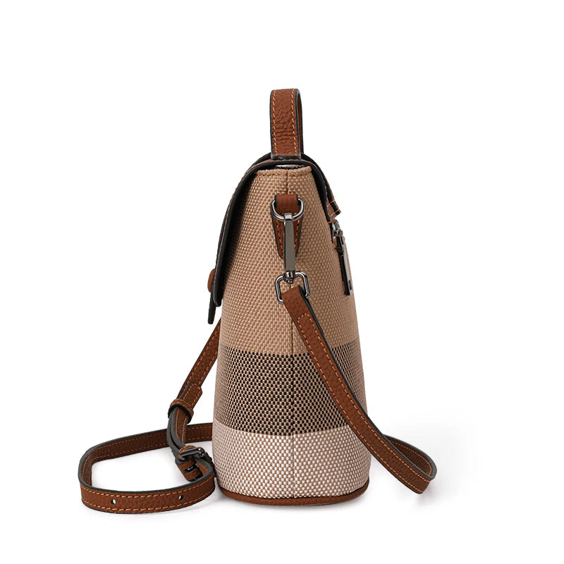Women's Canvas Spliced Cowhide Shoulder Bag, Mini Striped Flap Handbag, Coin Purse & Crossbody Bag