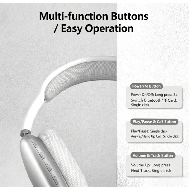 P9 Plus Max Overhead Wireless Bluetooth Earphones Noise-Canceling Long Standby Card-Slot Large Cushioned Ear Covers for Comfort