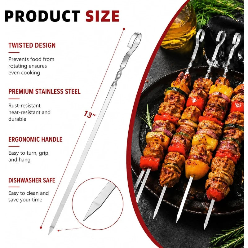 10Pcs Thickened Twisted Flat Stainless Steel BBQ Skewers Outdoor Camping Reusable Meat Stringing Grill Sticks Barbecue Tools