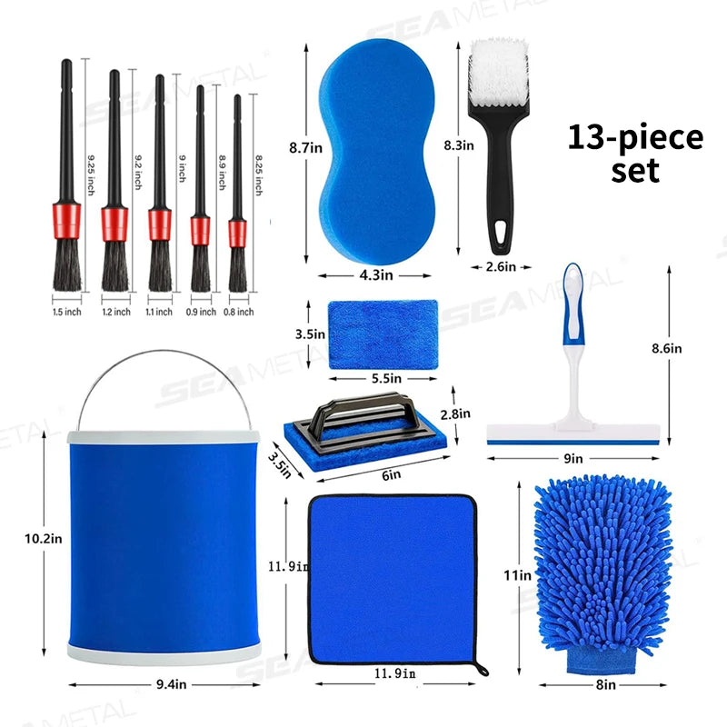 SEAMETAL 13pcs Car Washing Tool Kit Cleaning Brush/Drying Towel/Glove/Foam Sponge/Foldable Bucket Car Wash Care Maintenance Set