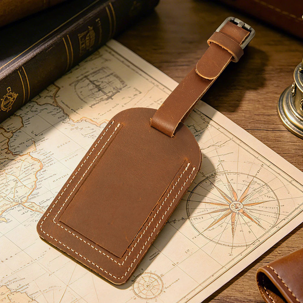 Vintage Crazy Horse Genuine Leather Luggage Tag Privacy Cover ID Address Label Adjustable Strap Suitcase Baggage Travel Accessor