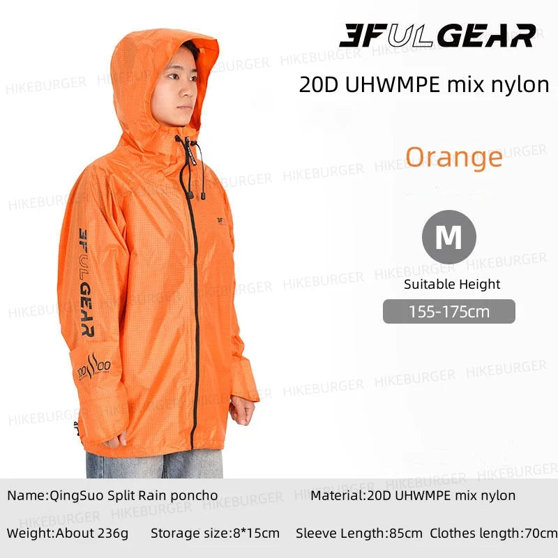 3F UL GEAR QingSuo Spilt Rain Poncho Outdoor Ultralight Sleeve Rain Coats 15D Nylon Waterproof Hiking Cycling Mountaineering
