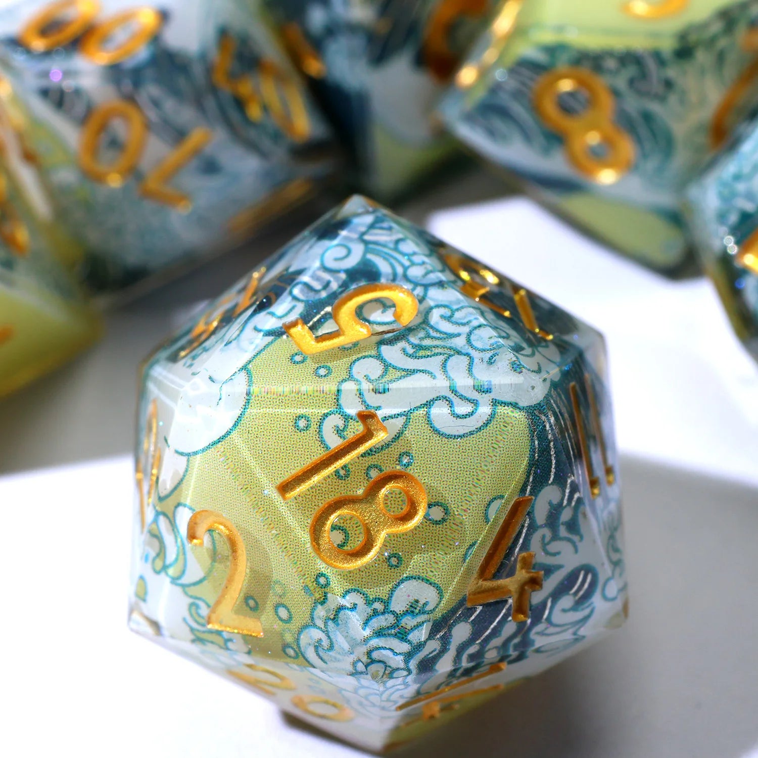 Enchanting DND Dice Set with Ocean Wave & Peach Blossom Designs-Perfect for Board Game,RPG & Tabletop Gaming Adventures-F2