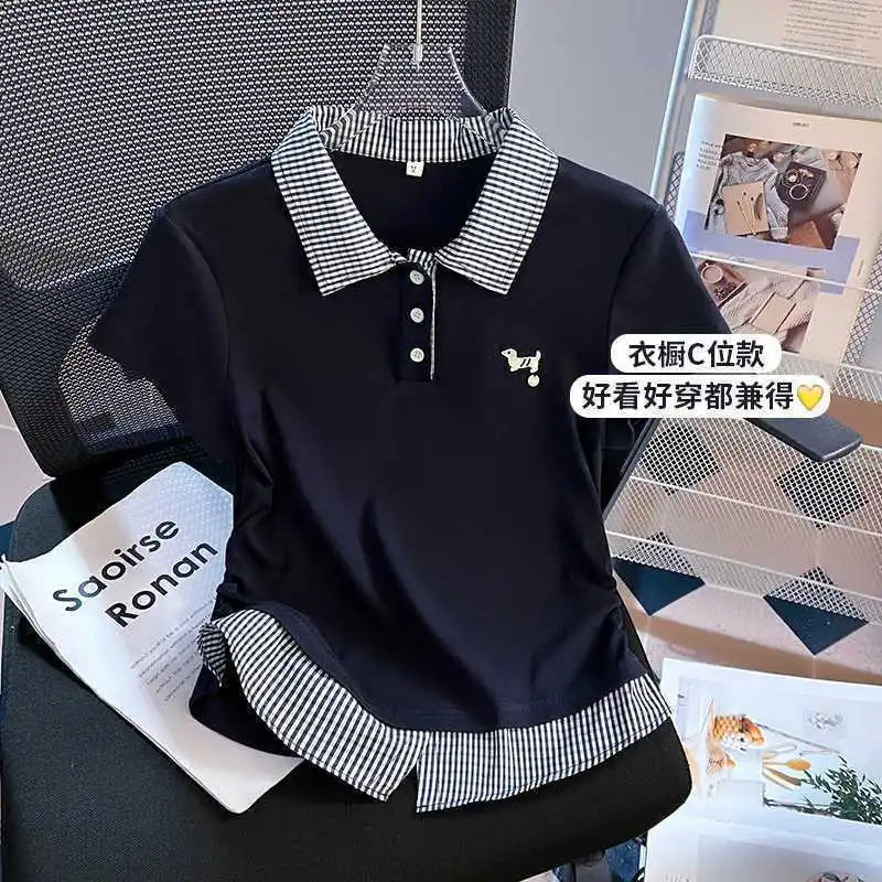 Summer Women's New Loose Casual Commuting Style Pattern Spliced Turn-down Collar Plus Size Short Sleeve T-shirt