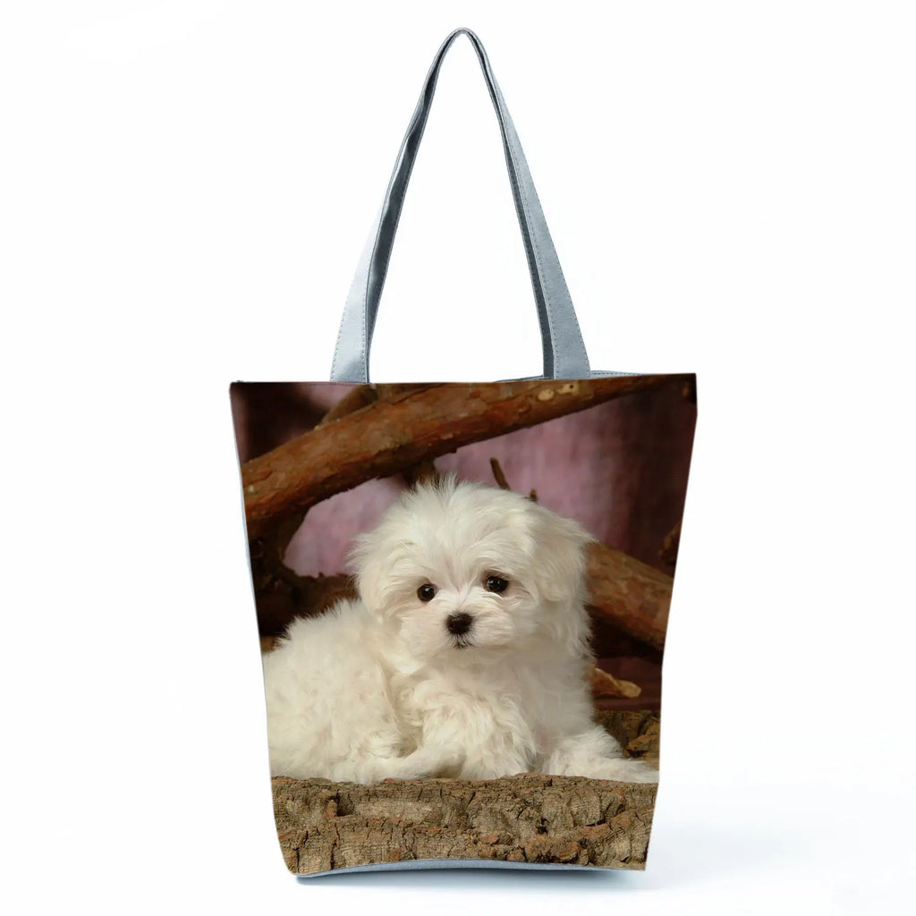 Cute Maltese Dogs Print Handbags Casual Women Shopping Bag Large Capacity Foldable Shoulder Bags Eco Reusable Travel Beach Totes