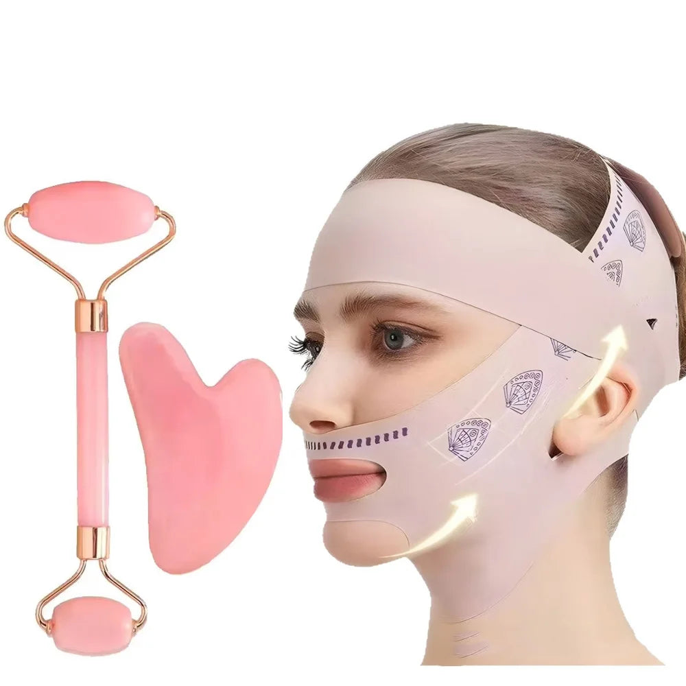 3-Piece Face Sculpting Mask&Face Massage Roller&Gua Sha Tool,Reusable AdjustableV-shaped Face Bandage,Portable Body Massage Tool