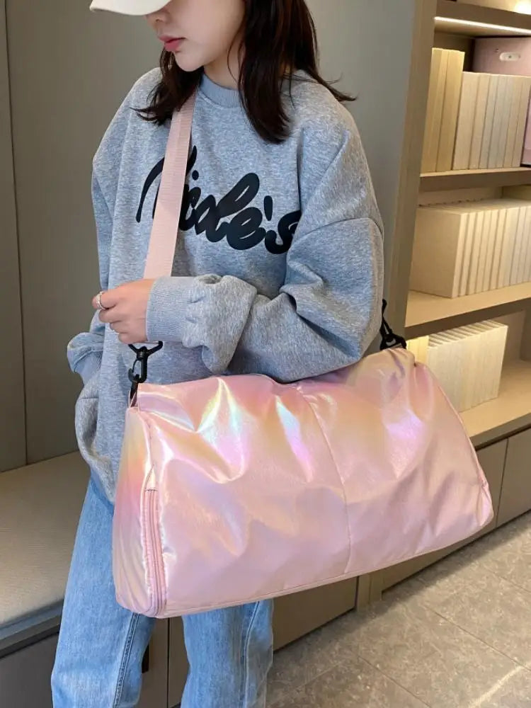 Glossy Fitness Bag Women's Large Capacity Lightweight Fashionable Handheld Yoga Training Waterproof Bag Sport Travel Bag