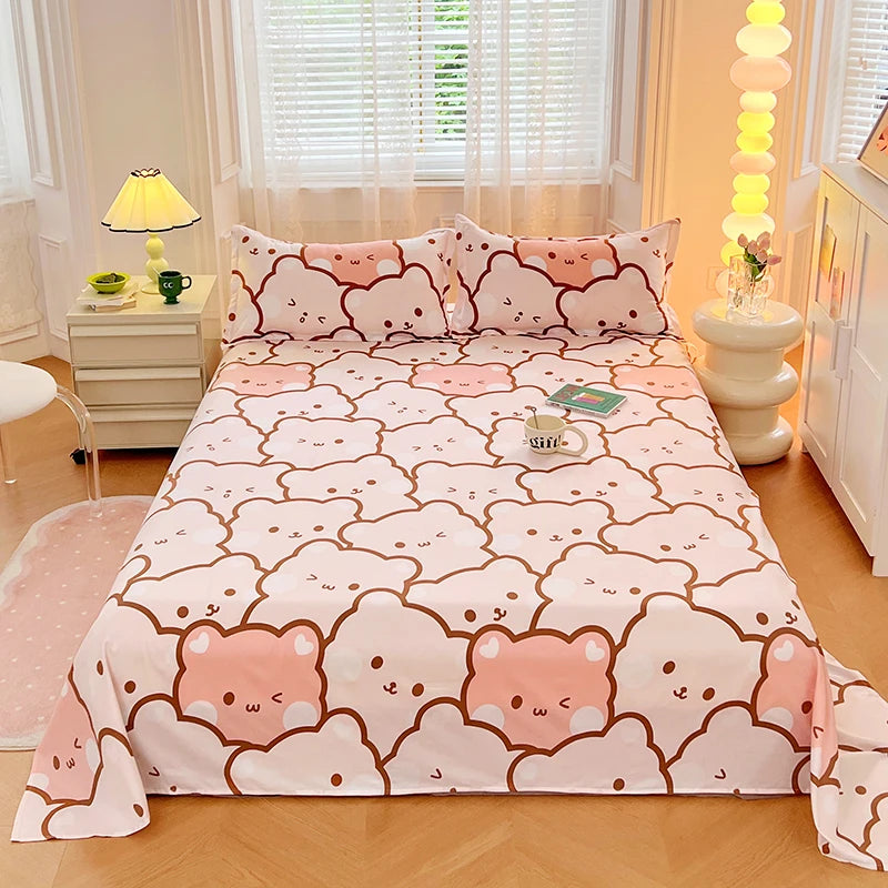 1PC or 3PCS Bed Flat Sheet Pillowcases Bed Cartoon Printed Top Sheets Single/Queen/King Flat Bedsheets Home Bed Linen Sheets