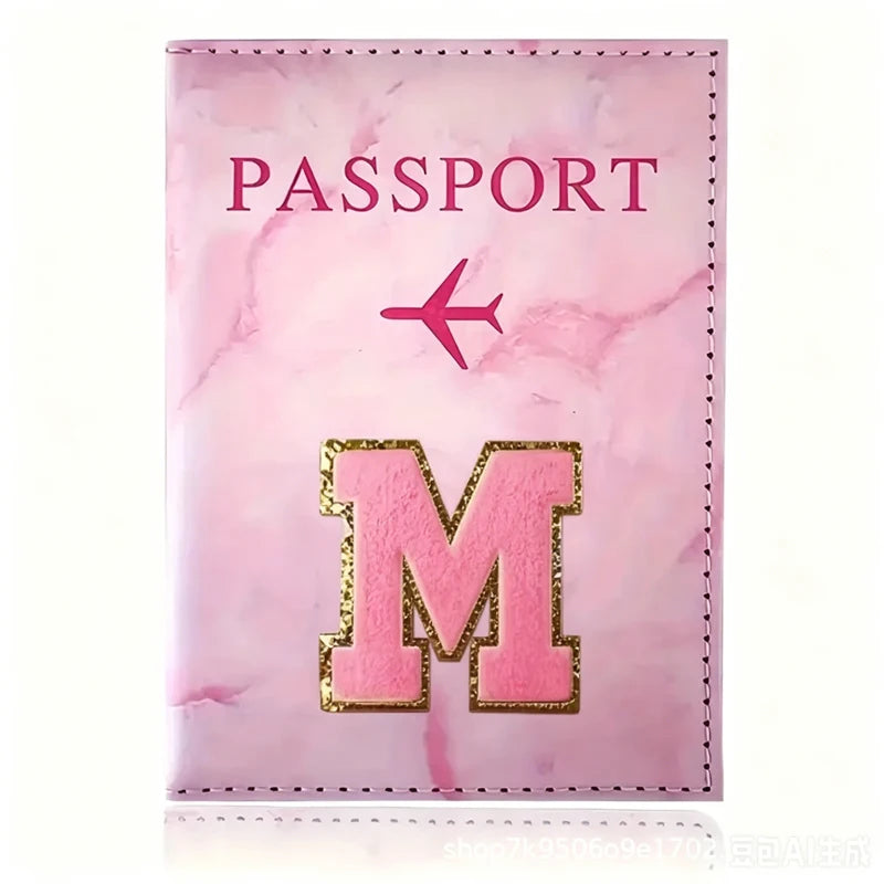 Pink PU Leather Passport Holder with Embroidery Label, Ticket & ID Credit Card Holder Cover, Travel Accessories
