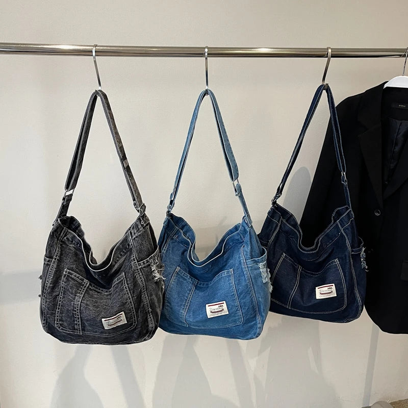 Sewing Thread Denim Zipper High Quality Shoulder Bags Large Capacity Commute Style 2025 New Youth Women's Crossbody Bags