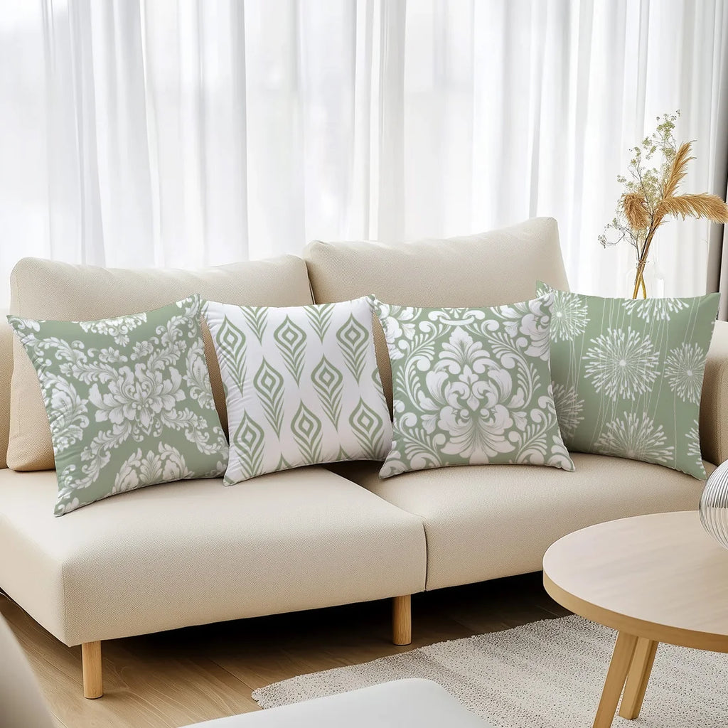 4Pcs Pillow Covers - Fresh White and Green Floral Pattern, Home Decor Cushion Cases for Living Room Sofa Bedroom
