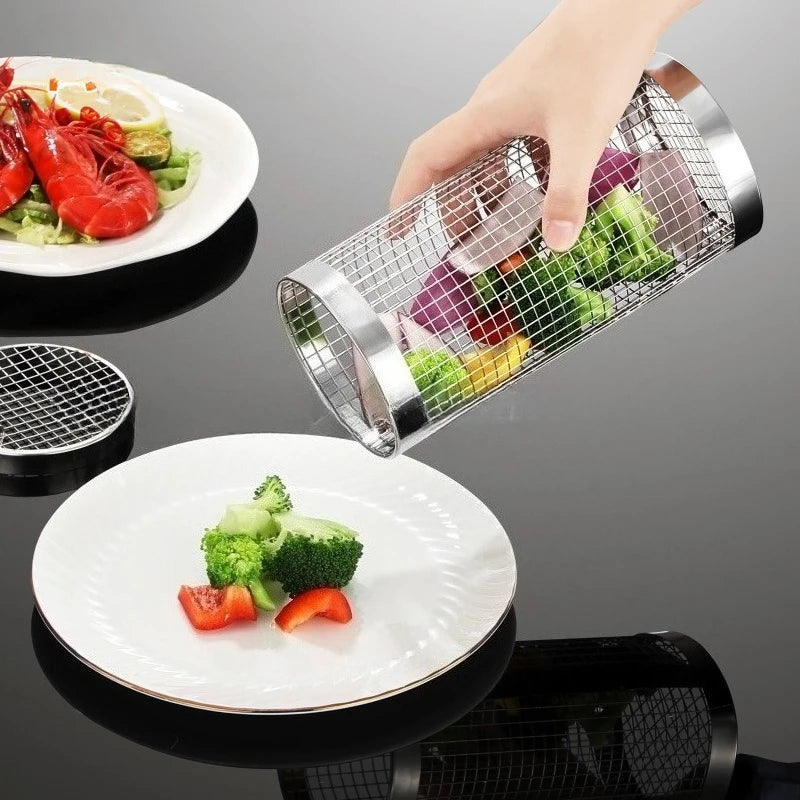 Portable Round Barbecue Net,304 Stainless Steel Barbecue Grill Nets,Rolling Barbecue Grill Cage,Barbecue Basket